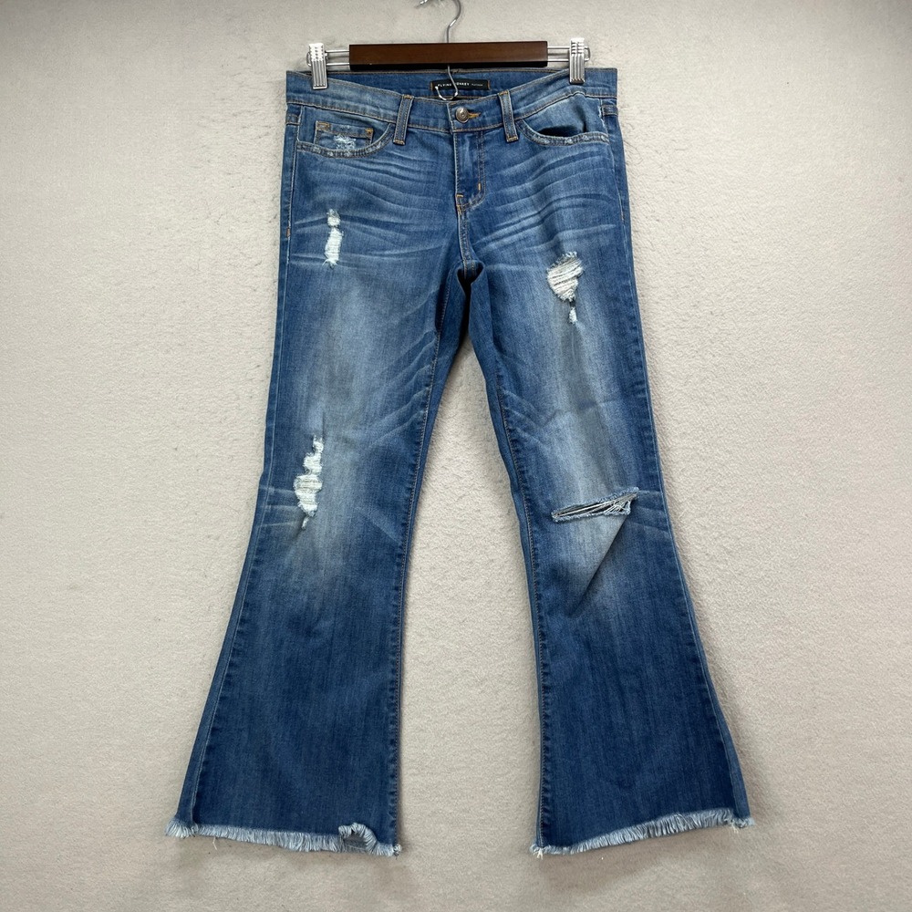 Flying Monkey Flare Jeans Women 26 Blue Distressed Y2K Raw Hem Denim Stretch